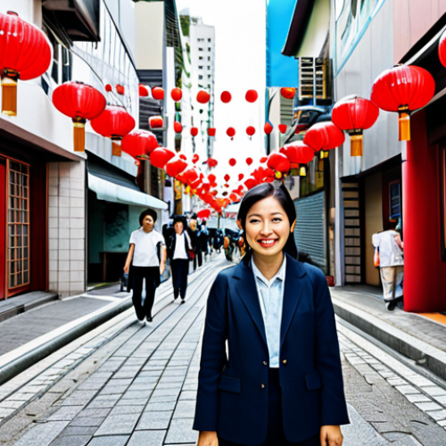 Home 4 A professional Japanese-Brazilian woman, fully clothed in a modest, contemporary business casual outfit that subtly incorporates cultural elements, standing confidently in the vibrant Liberdade district of São Paulo. Red lanterns, authentic Japanese signage, and diverse individuals enjoying cultural activities are visible in the well-lit, bustling urban background. The image conveys cultural fusion and the deep-rooted Japanese community. safe for work, appropriate content, family-friendly, perfect anatomy, correct proportions, natural pose, well-formed hands, proper finger count, natural body proportions, professional photography, high quality.