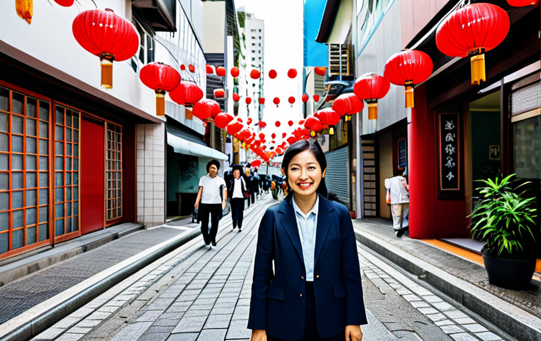 A professional Japanese-Brazilian woman, fully clothed in a modest, contemporary business casual outfit that subtly incorporates cultural elements, standing confidently in the vibrant Liberdade district of São Paulo. Red lanterns, authentic Japanese signage, and diverse individuals enjoying cultural activities are visible in the well-lit, bustling urban background. The image conveys cultural fusion and the deep-rooted Japanese community. safe for work, appropriate content, family-friendly, perfect anatomy, correct proportions, natural pose, well-formed hands, proper finger count, natural body proportions, professional photography, high quality.