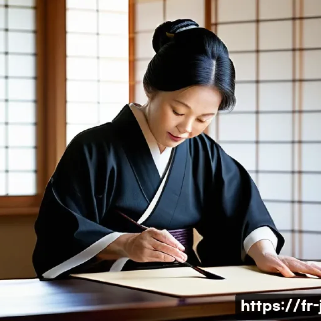 한자와 일본어 관계 - **A master calligrapher in a tranquil Japanese studio, surrounded by soft, natural light filtering t...