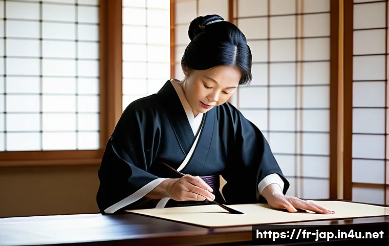 한자와 일본어 관계 - **A master calligrapher in a tranquil Japanese studio, surrounded by soft, natural light filtering t...