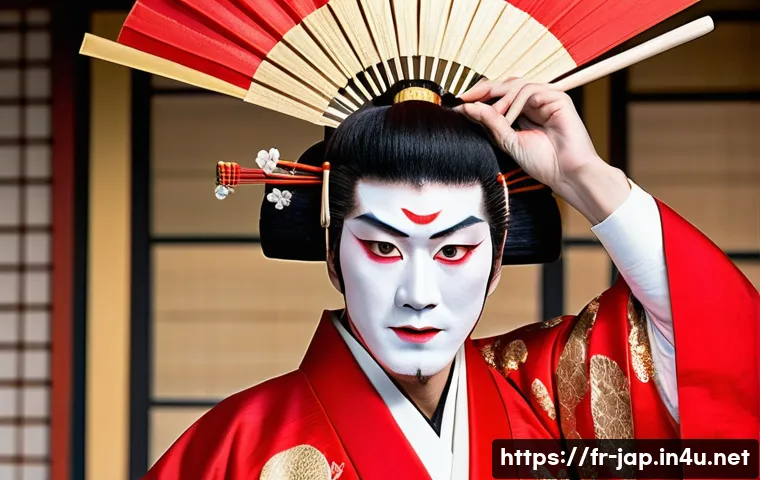 일본어와 가부키 - A traditional Japanese theater scene featuring a male actor dressed in an elaborate red costume symb...
