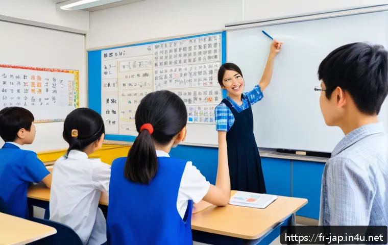 일본어 기초 문법 정리 - A detailed classroom scene showing a diverse group of adult French-speaking students attentively lea...