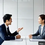 Home 23 일본어 경어법 - A professional French office setting with two colleagues engaging in polite conversation, both dress...