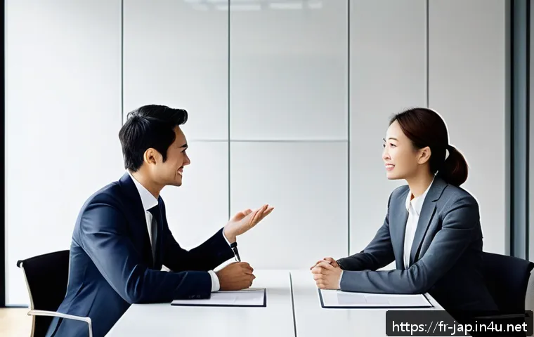 일본어 경어법 - A professional French office setting with two colleagues engaging in polite conversation, both dress...